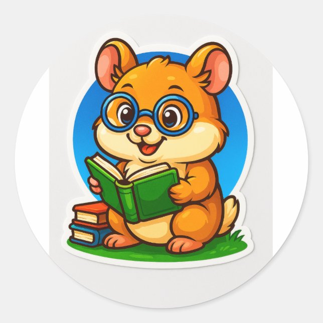 Pegatina Redonda Hamster Reading Sticker (Anverso)