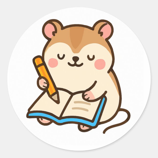 Pegatina Redonda Hamster Writing in a Journal (Anverso)