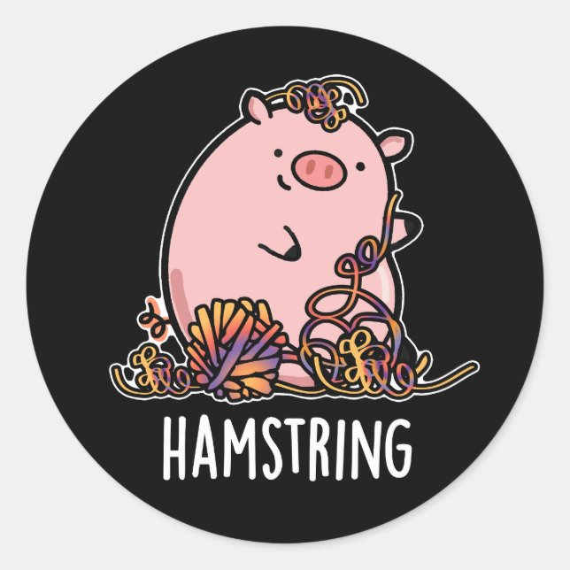 Pegatina Redonda Hamstring Funny Pig Pun Dark BG (Anverso)