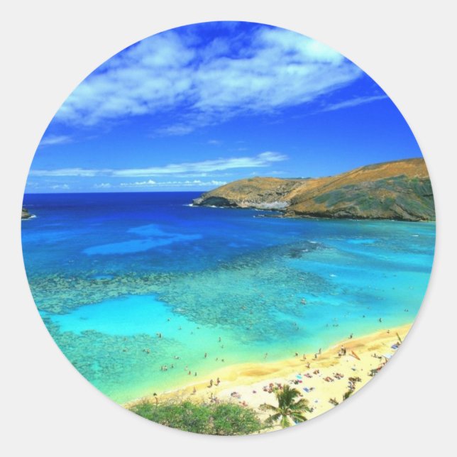 Pegatina Redonda ¡Hanauma Bay Beach Aloha! (Anverso)