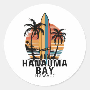 Pegatina Redonda Hanauma Y surfista de surf de Hawái