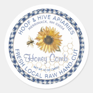 Pegatina Redonda Hand Cut Honeycomb Sunflower Bee Rustic Gingham