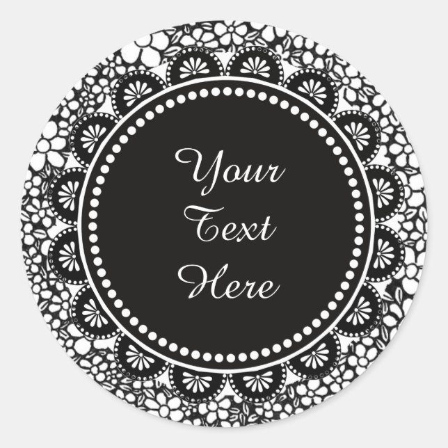 Pegatina Redonda Hand Drawn Black and White Flower Pattern Custom (Anverso)