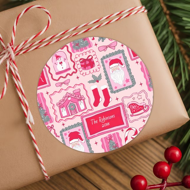 Pegatina Redonda Hand Drawn coquette doodle pink christmas greeting (Subido por el creador)