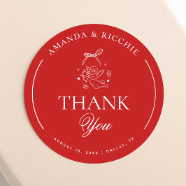 Pegatina Redonda Hand Drawn Cupid Cherub Red Wedding Thank You
