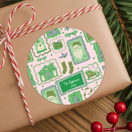 Pegatina Redonda Hand Drawn doodle green pink christmas