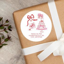 Pegatina Redonda Hand Drawn Doodles Red Pink Birthday Thank You