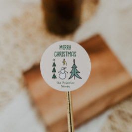 Pegatina Redonda Hand Drawn Green Abstract Christmas Tree Snowman