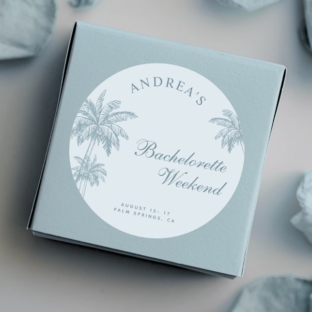 Pegatina Redonda Hand Drawn Palm Tree Dusty Blue Bachelorette Favor (Subido por el creador)