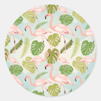 Pegatina Redonda Hand drawn pink flamingo and monstera leaves. Seam