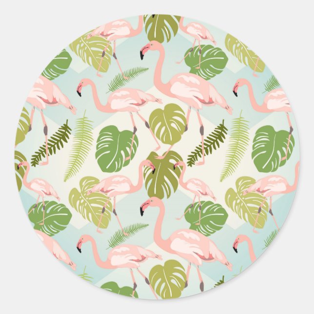 Pegatina Redonda Hand drawn pink flamingo and monstera leaves. Seam (Anverso)