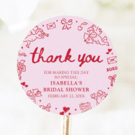Pegatina Redonda Hand Drawn Pink Red Hearts Valentine Bridal Shower