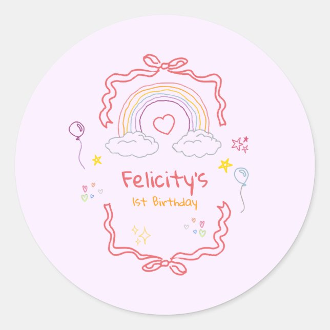 Pegatina Redonda Hand Drawn Rainbow Whimsical Birthday (Anverso)