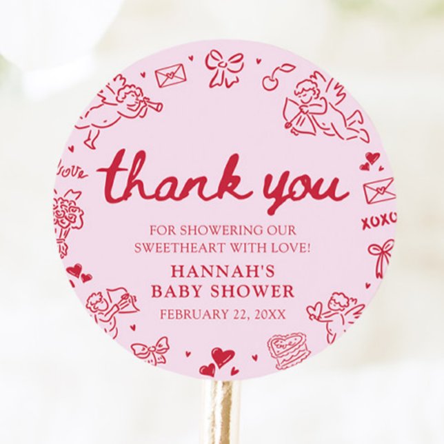 Pegatina Redonda Hand Drawn Valentine Little Sweetheart Baby Shower (Hand Drawn Valentine Little Sweetheart Baby Shower Classic Round Sticker)