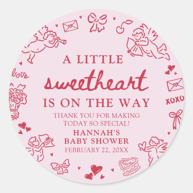 Pegatina Redonda Hand Drawn Valentine Little Sweetheart Baby Shower (Anverso)