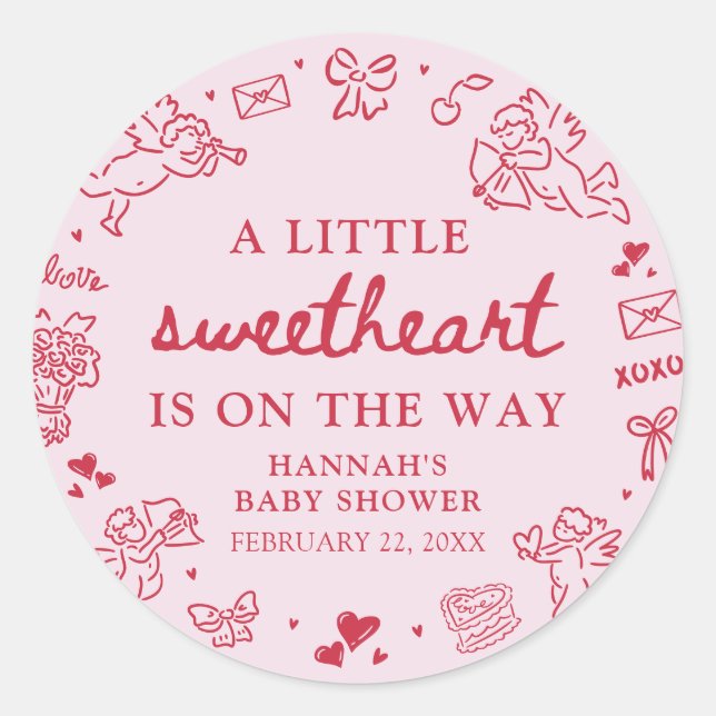 Pegatina Redonda Hand Drawn Valentine Little Sweetheat Baby Shower (Anverso)
