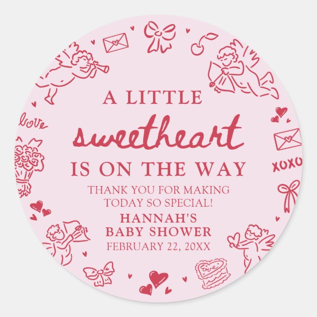 Pegatina Redonda Hand Drawn Valentine Little Sweetheat Baby Shower (Anverso)