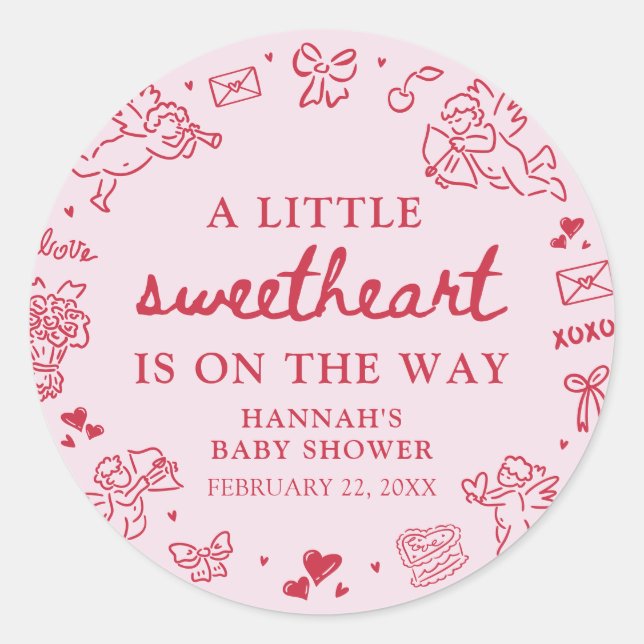 Pegatina Redonda Hand Drawn Valentine Little Sweetheat Baby Shower (Anverso)