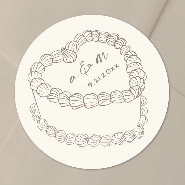 Pegatina Redonda Hand Drawn Vintage Cake Wedding (Hand Drawn Vintage Cake Wedding Classic Round Sticker)