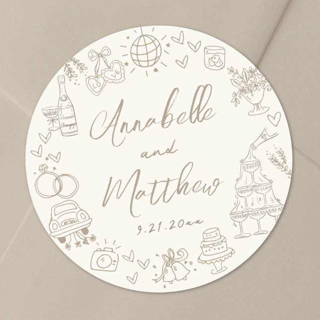 Pegatina Redonda Hand Drawn Whimsical Wedding (Hand Drawn Whimsical Wedding Classic Round Sticker)