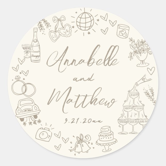 Pegatina Redonda Hand Drawn Whimsical Wedding (Anverso)