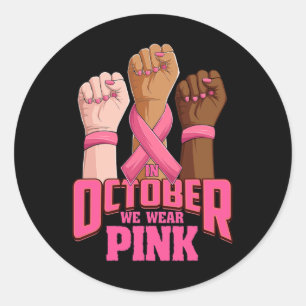 Pegatina Redonda Hand En Octubre usamos conciencia de cáncer de mam