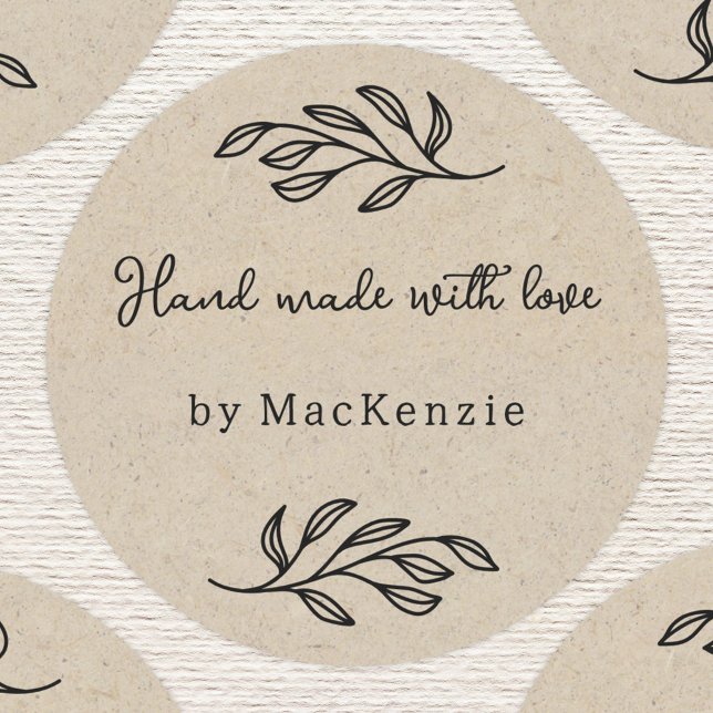 Pegatina Redonda Hand Made With Love Brown Paper Botanical Leaf  (Personalized hand made with love botanical leaf line art stickers for small business makers)