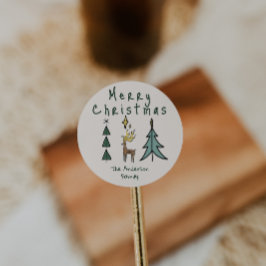 Pegatina Redonda Hand Painted Abstract Christmas Tree Reindeer