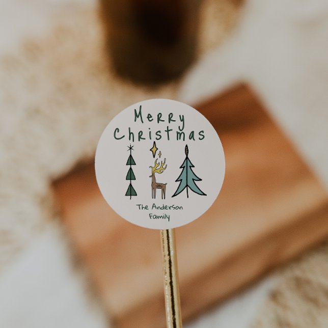 Pegatina Redonda Hand Painted Abstract Christmas Tree Reindeer (Subido por el creador)