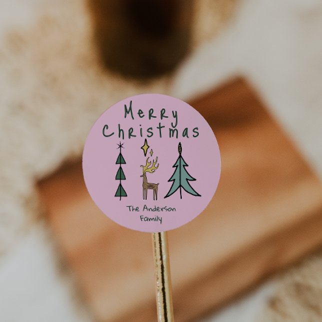 Pegatina Redonda Hand Painted Pink Abstract Christmas Tree Reindeer (Subido por el creador)