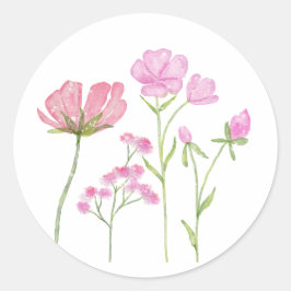 Pegatina Redonda Hand-Painted Pink Wildflowers Illustration