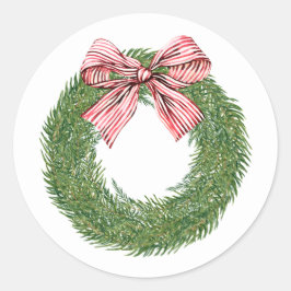 Pegatina Redonda Hand Painted Winter Pine Wreath Striped Red Bow