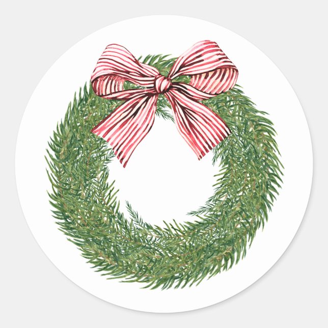 Pegatina Redonda Hand Painted Winter Pine Wreath Striped Red Bow (Anverso)
