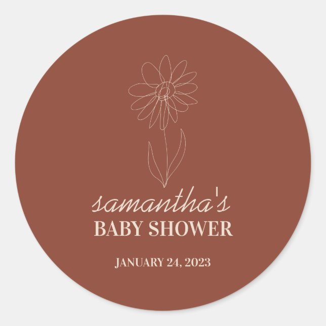 Pegatina Redonda Handdrawn Flower Simple Boho Baby Shower (Anverso)
