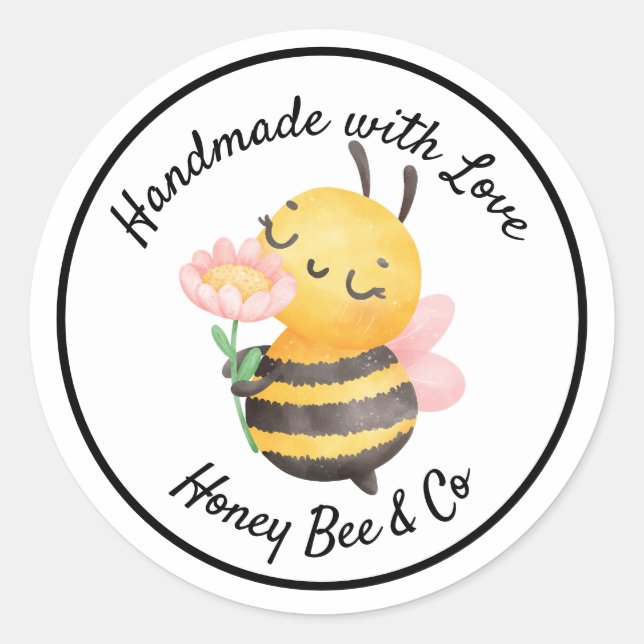 Pegatina Redonda Handmade with Love. Cute Bee Personalized (Anverso)