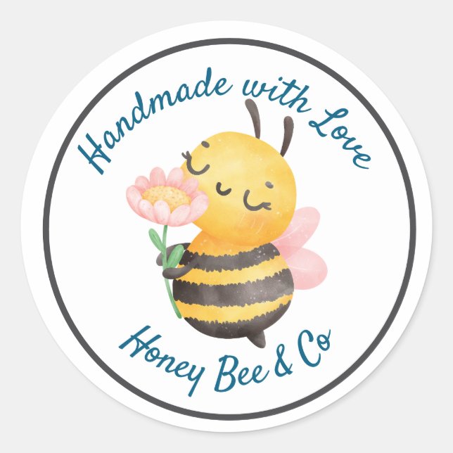 Pegatina Redonda Handmade with Love. Cute Bee Personalized (Anverso)