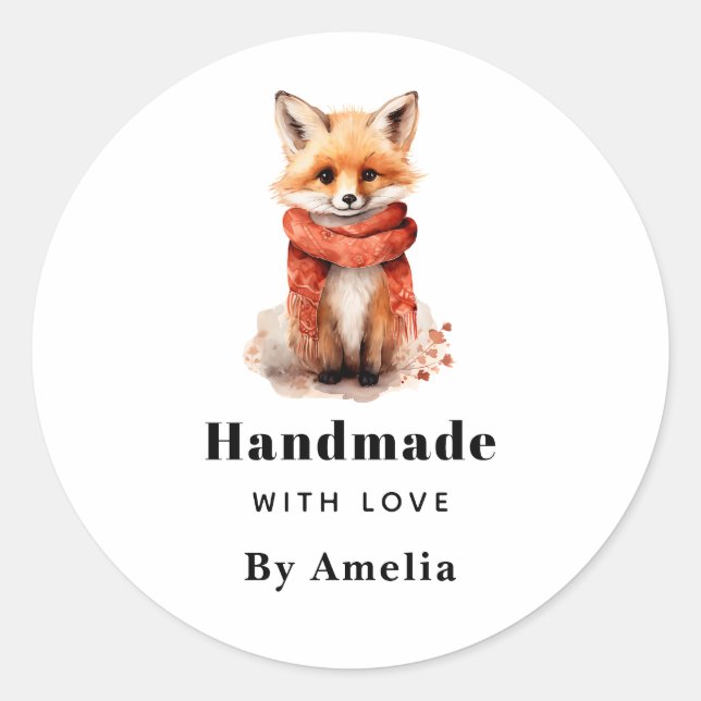 Pegatina Redonda Handmade with Love Cute Fox Pup in a Red Scarf (Anverso)