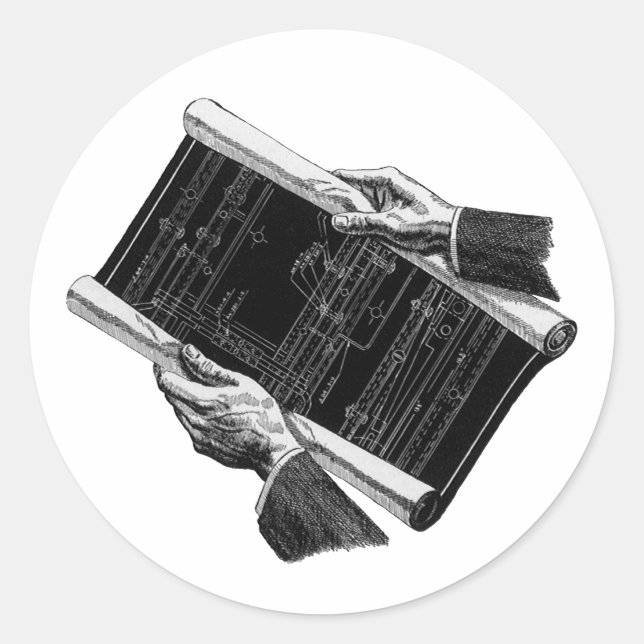 Pegatina Redonda Hands w Architectural Blueprints, Vintage Business (Anverso)