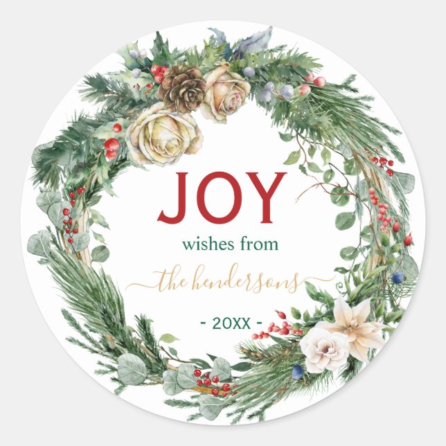Pegatina Redonda Handwritten Script Christmas Joy Wreath Name  (Anverso)