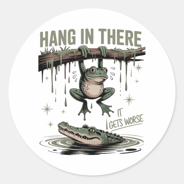 Pegatina Redonda Hang In There It Gets Worse – Funny Frog & Crocodi (Anverso)