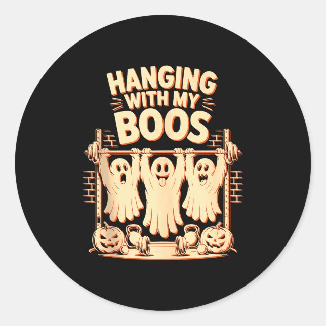 Pegatina Redonda Hanging With My Boos Funny Halloween Ghost Workout (Anverso)