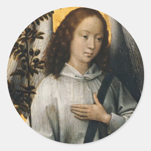 Pegatina Redonda Hans Memling- Angel sostiene una rama de olivo (Anverso)