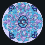 Pegatina Redonda Hanukkah<br><div class="desc">Azules de todos los matices,  lila y lavanda en forma de flor con una estrella nubosa de seis lados en el centro es una gran manera de celebrar Hanukkah y expresar tu individualidad al mismo tiempo.</div>