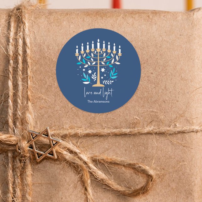 Pegatina Redonda Hanukkah Amor y Luz Floral Menorah (Subido por el creador)