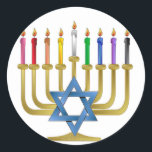 Pegatina Redonda Hanukkah Candles Rainbow Gold Menorah<br><div class="desc">Está viendo la colección Lee Hiller Designs of Home and Office Decor, Apparel, Gifts and Collectibles. Los diseños incluyen la fotografía Lee Hiller y la colección de arte digital de medios mixtos. Puedes ver su fotografía de la naturaleza en http://HikeOurPlanet.com/ y seguir su blog de senderismo dentro del Parque Nacional...</div>