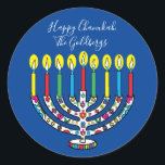 Pegatina Redonda Hanukkah Colorful Menorah Hanukiah<br><div class="desc">Colorido, Feliz Chanukah, Pegatinas Hanukiah. ¡Diviértase usando a estos pegatinas como topes de pasteles, etiquetas de regalo, sellos para sobres, cierres de bolsos de favores o lo que sea que haga que sus festividades se rompan! Personalice eliminando texto y agregando sus propias palabras, utilizando su estilo de fuente, tamaño y...</div>
