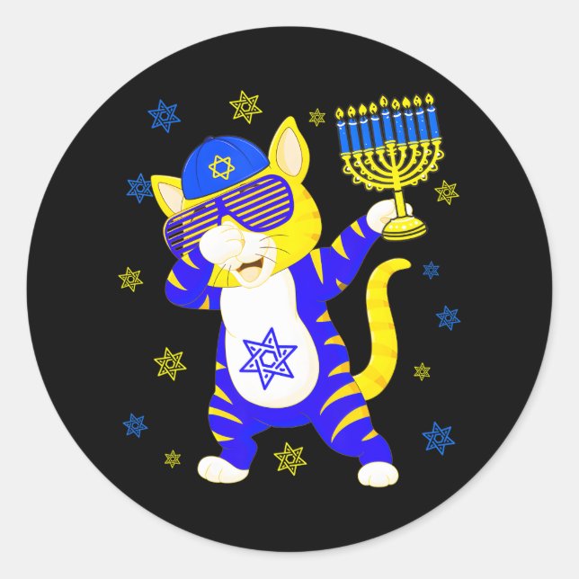 Pegatina Redonda Hanukkah Dabbing Gafas de sol gafas de gato sosten (Anverso)