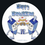 Pegatina Redonda Hanukkah Dancing Dreides y Jelly Doughnut<br><div class="desc">Está viendo la colección Lee Hiller Designs of Home and Office Decor, Apparel, Gifts and Collectibles. Los diseños incluyen la fotografía Lee Hiller y la colección de arte digital de medios mixtos. Puedes ver su fotografía de la naturaleza en http://HikeOurPlanet.com/ y seguir su blog de senderismo dentro del Parque Nacional...</div>
