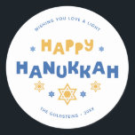 Pegatina Redonda "Hanukkah feliz" Amor y luz<br><div class="desc">Diseño festivo personalizado de Hanukkah.</div>