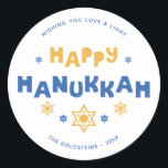 Pegatina Redonda "Hanukkah feliz" Amor y luz<br><div class="desc">Diseño festivo personalizado de Hanukkah.</div>